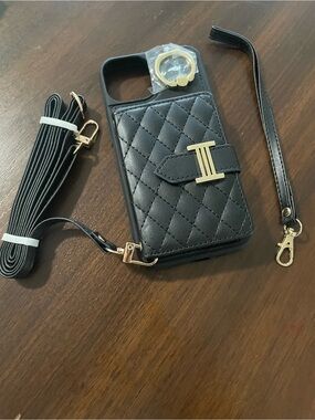 Quilted Black Card Wallet Crossbody Phone Case with Gold Hardware